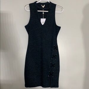 Wayf fitted ribbed knit lace up Mini Dress Stitch grey cotton large women’s